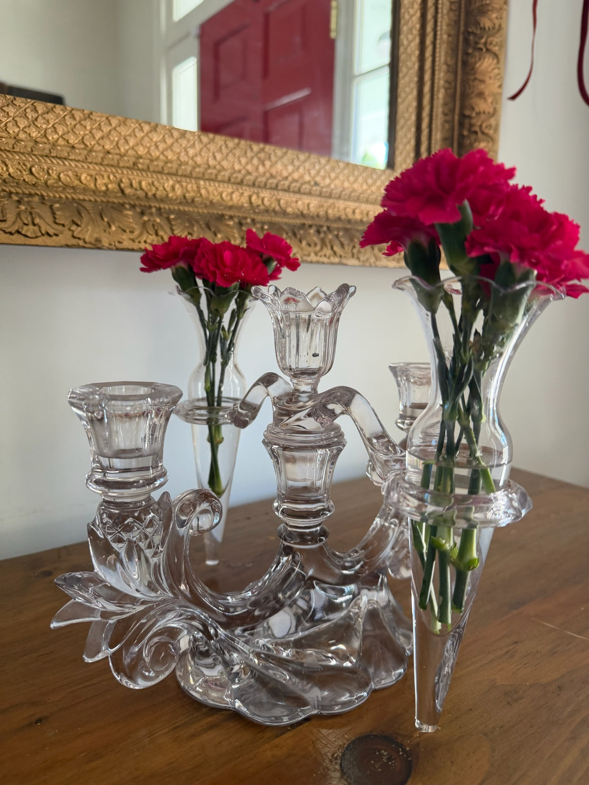 Vintage Cambridge Glass Caprice 3-Light Candelabra Epergne Centerpiece with 2 Bud Vase Inserts