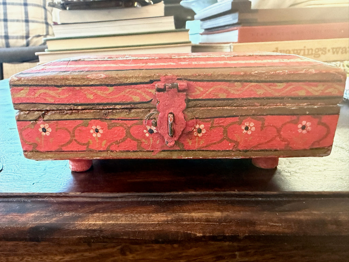 Vintage Hand-Painted Wooden Trinket Box with Aged Craquelure Interior