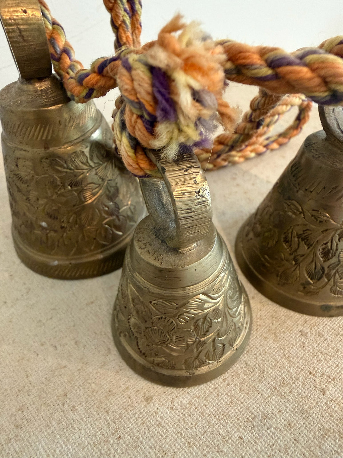 Vintage Graduated Bells of Sarna India Brass Hanging Bells on Rope - Set of 3 Graduated Etched Sugar Cane Bells, Mid-Century Boho Decor