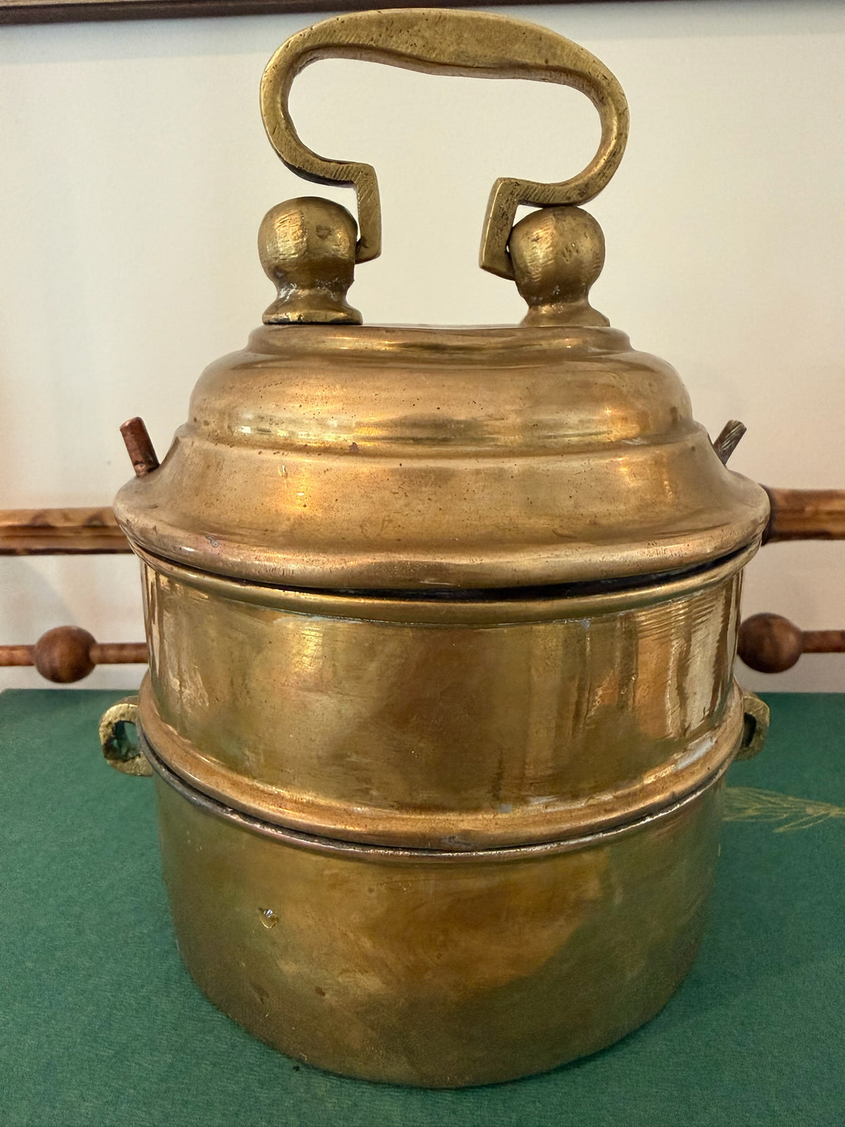 Vintage Indian Handcrafted Solid Brass 2-Tier Tiffin Box – Rustic Shelf & Kitchen Display Piece