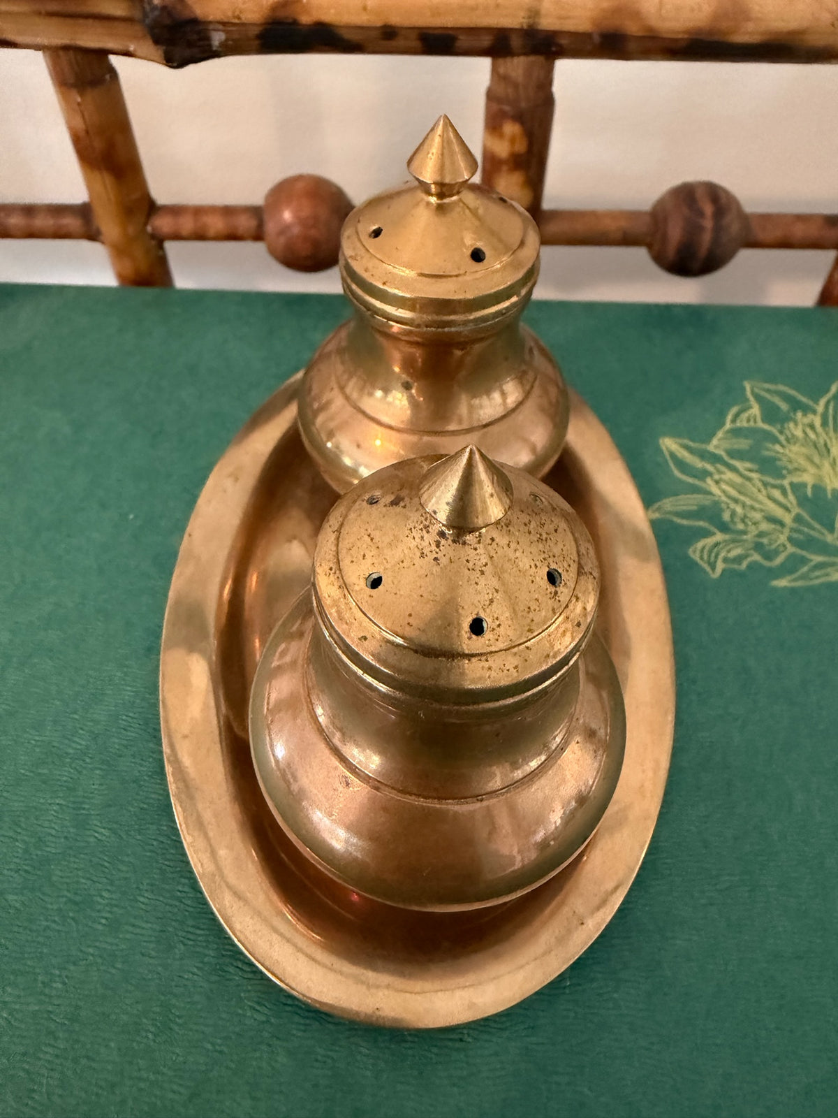 Vintage Thailand Copper & Brass Salt and Pepper Shakers Set with Matching Serving Tray – 3-Piece Set