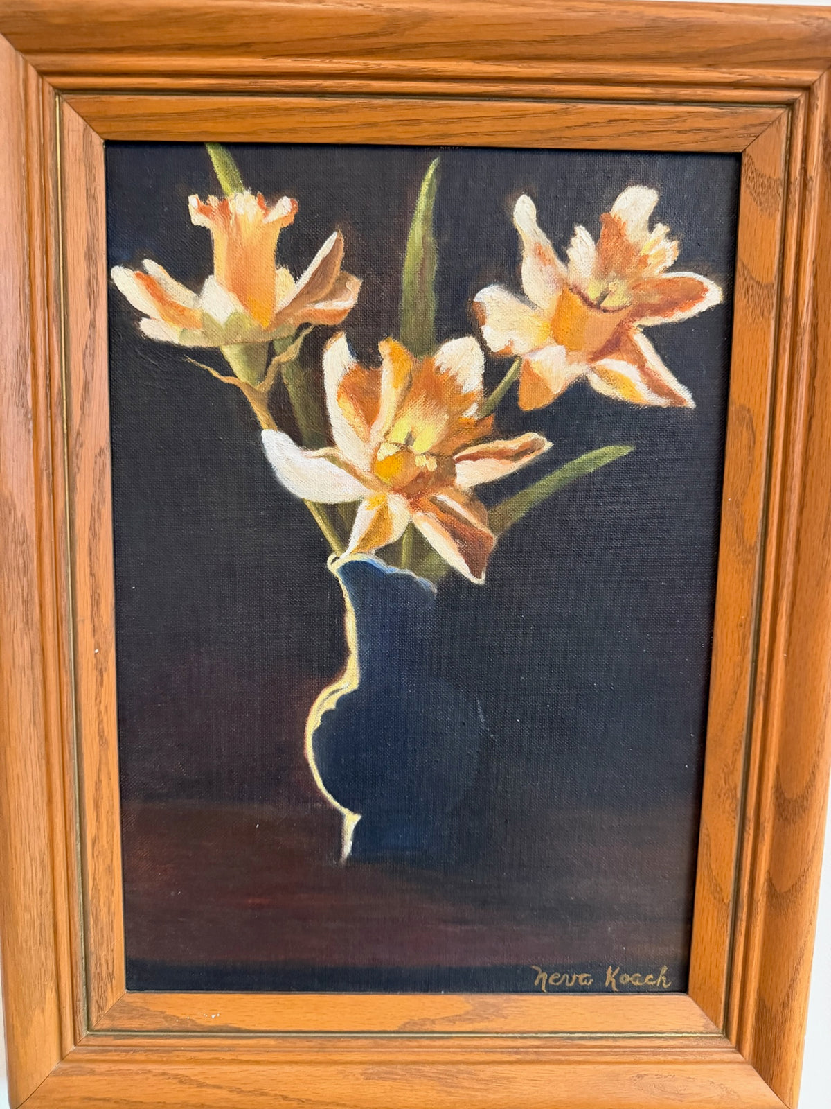 "High Lights" - Vintage original mid-century floral still life oil painting (by Neva Roach 13" x 17.25")