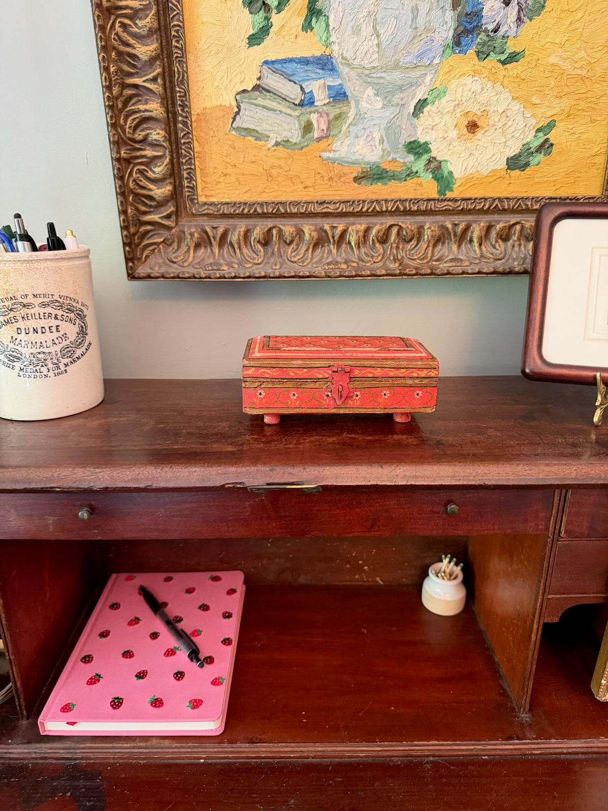 Vintage Hand-Painted Wooden Trinket Box with Aged Craquelure Interior