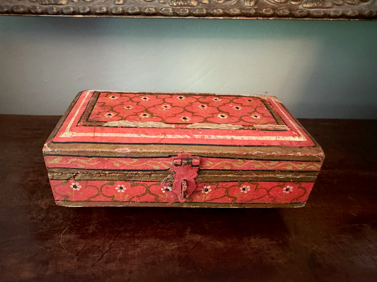 Vintage Hand-Painted Wooden Trinket Box with Aged Craquelure Interior
