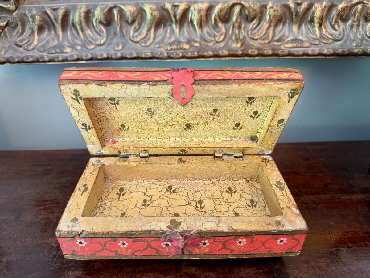 Vintage Hand-Painted Wooden Trinket Box with Aged Craquelure Interior