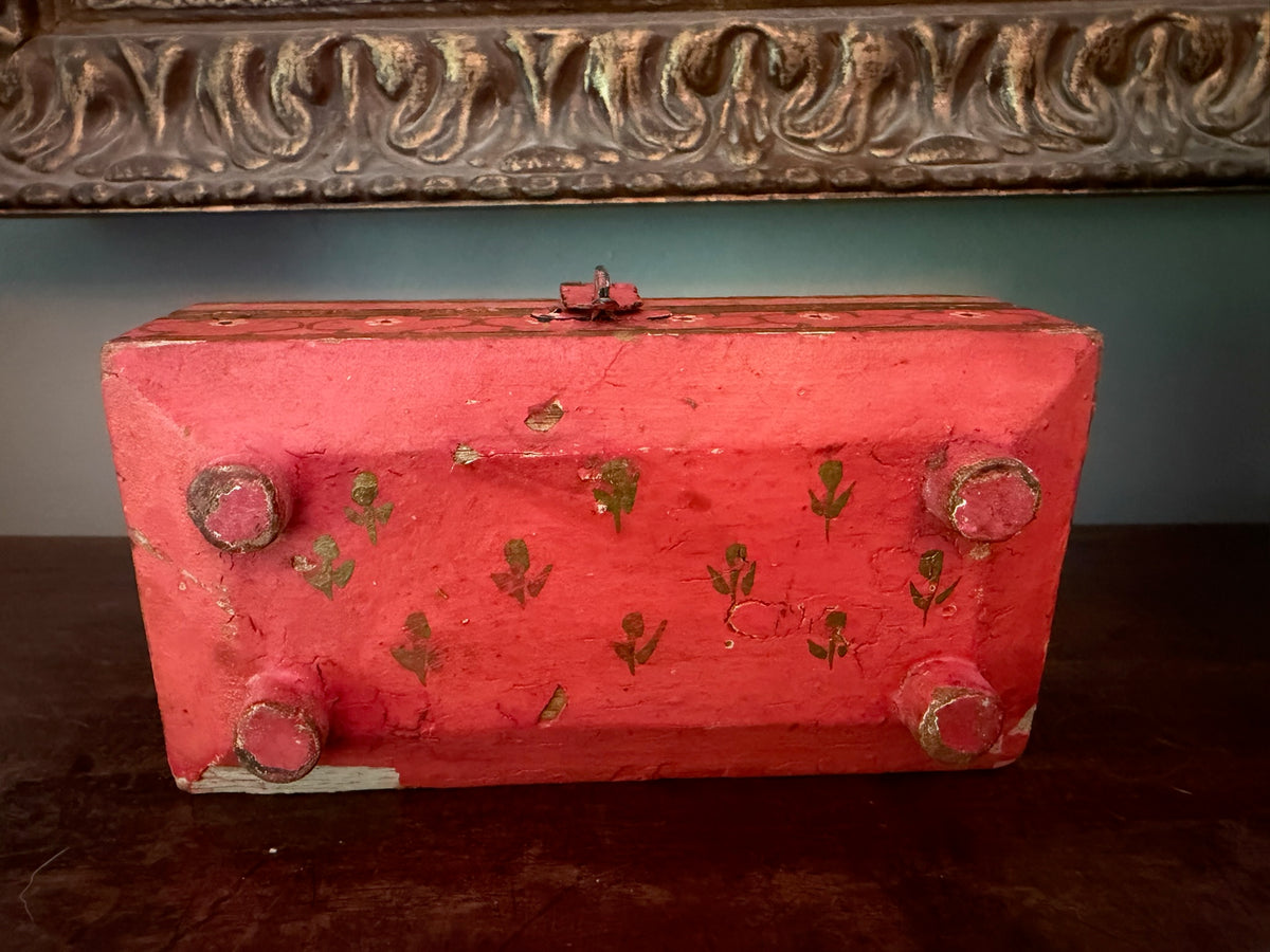 Vintage Hand-Painted Wooden Trinket Box with Aged Craquelure Interior