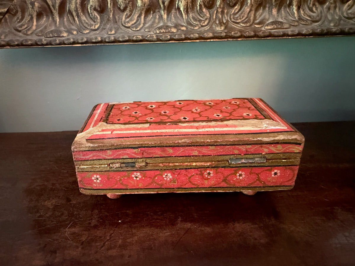 Vintage Hand-Painted Wooden Trinket Box with Aged Craquelure Interior