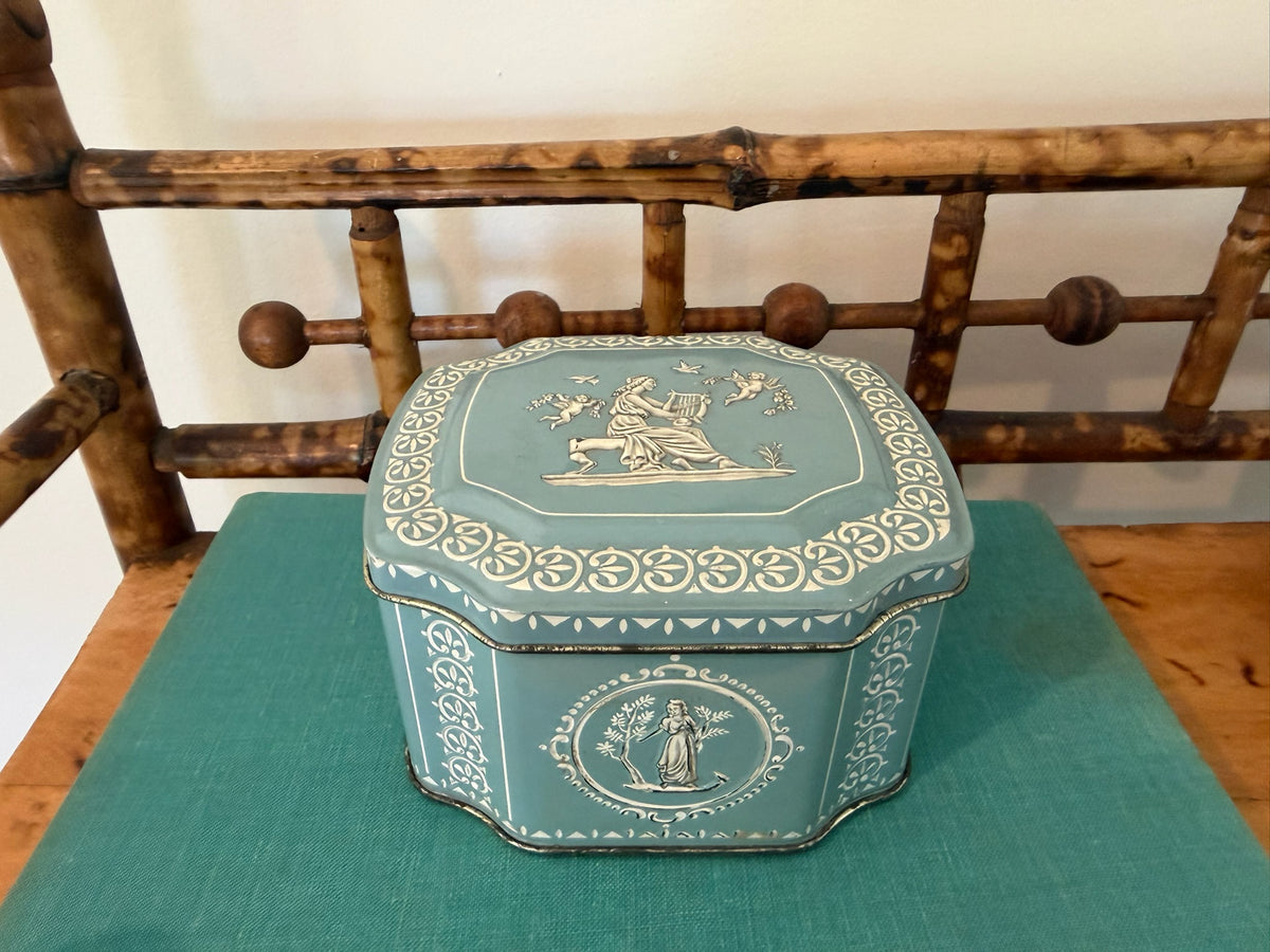 Vintage 1950s English Confectionary Tin - Wedgwood Blue & White Neoclassical Bas-Relief