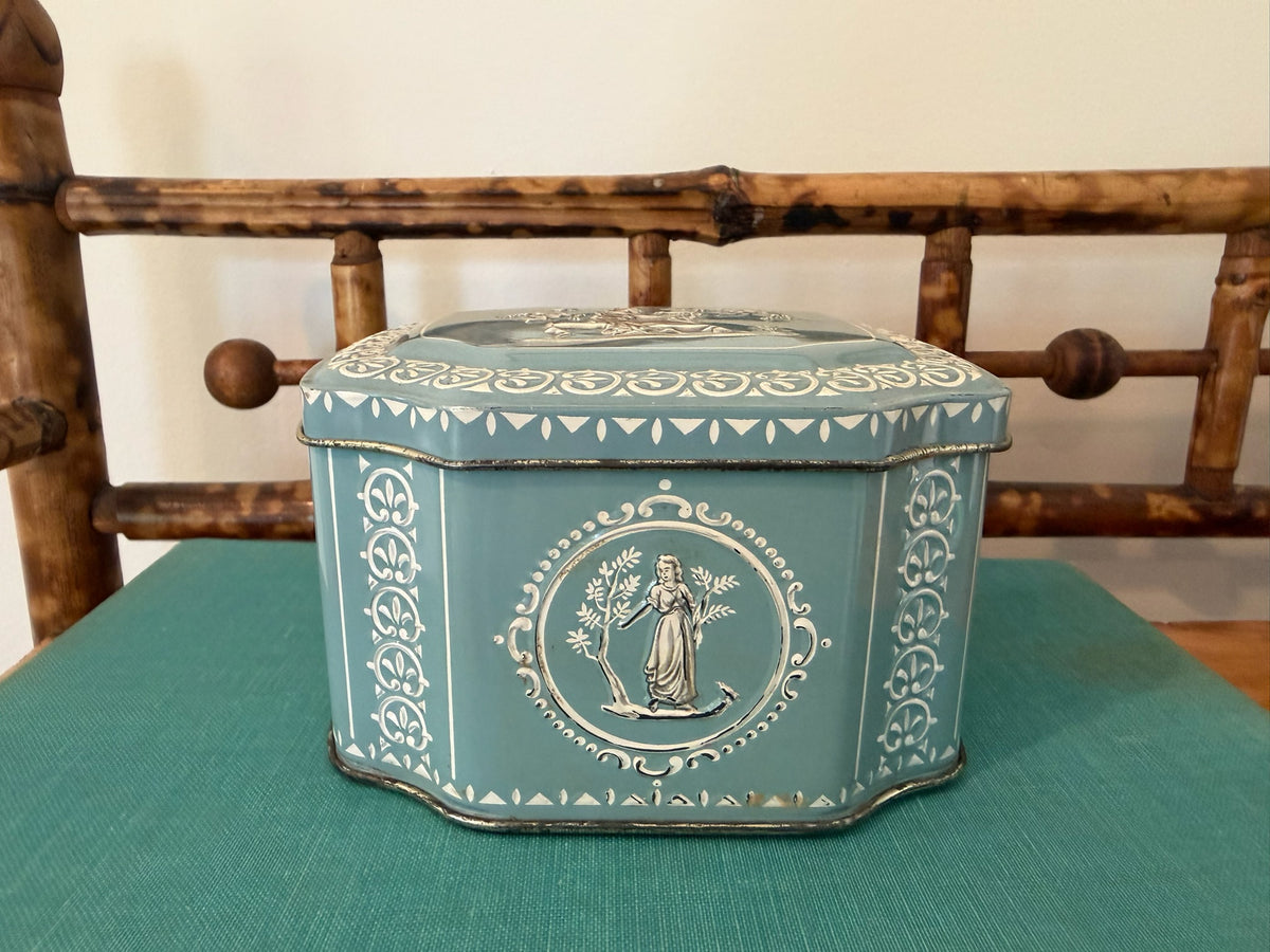 Vintage 1950s English Confectionary Tin - Wedgwood Blue & White Neoclassical Bas-Relief