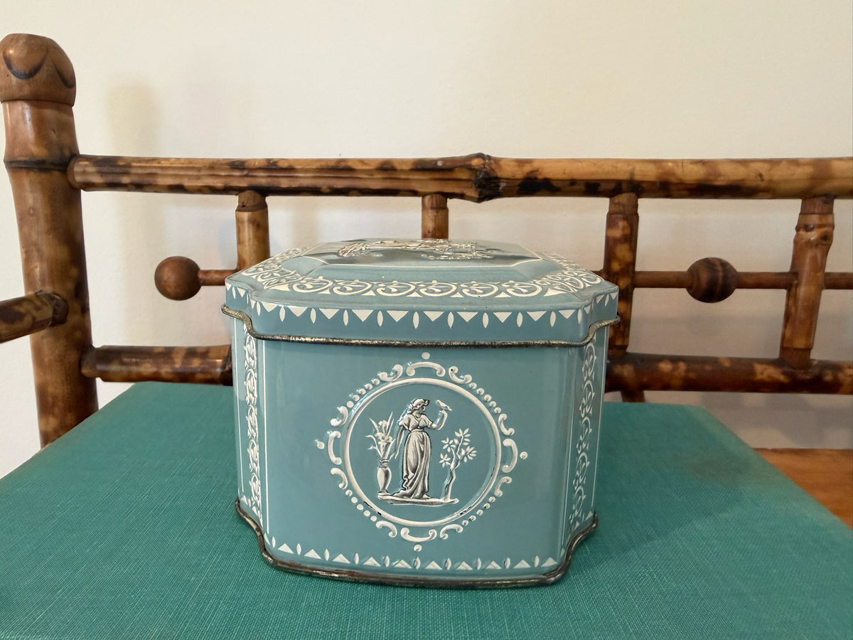 Vintage 1950s English Confectionary Tin - Wedgwood Blue & White Neoclassical Bas-Relief