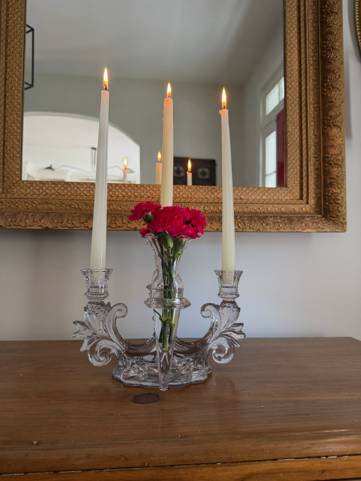 Vintage Cambridge Glass Caprice 3-Light Candelabra Epergne Centerpiece with 2 Bud Vase Inserts