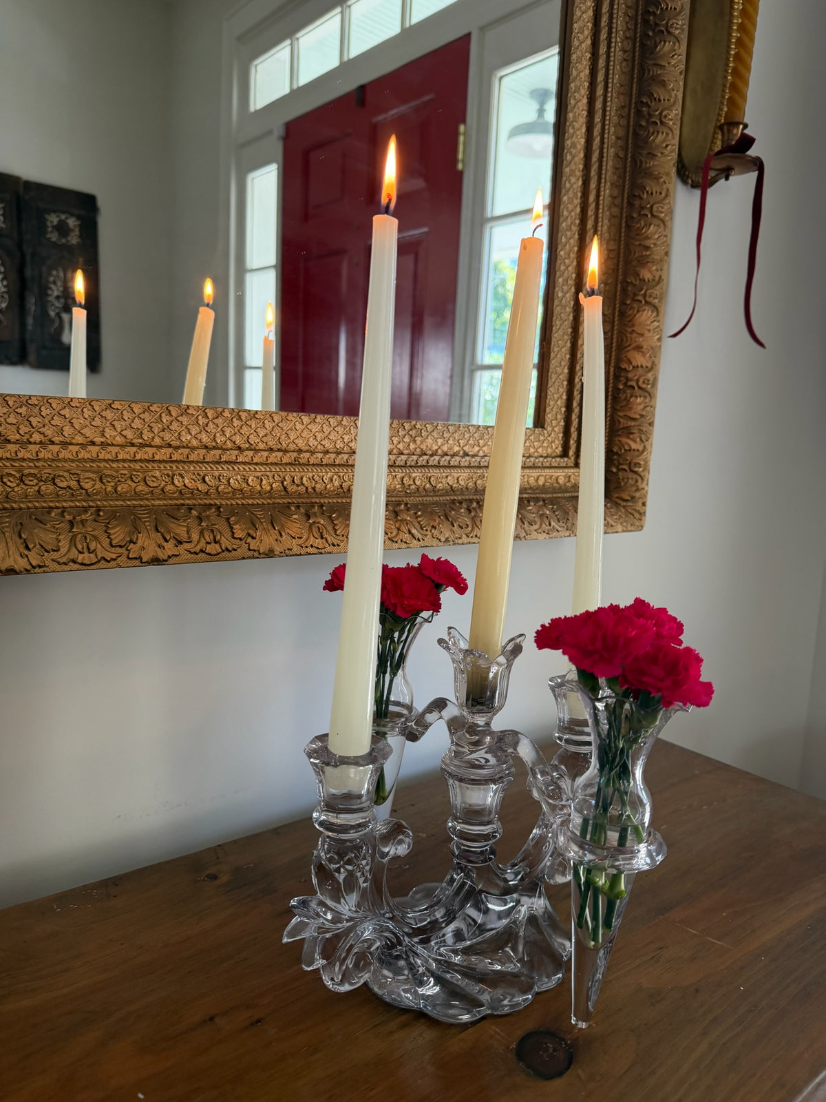 Vintage Cambridge Glass Caprice 3-Light Candelabra Epergne Centerpiece with 2 Bud Vase Inserts