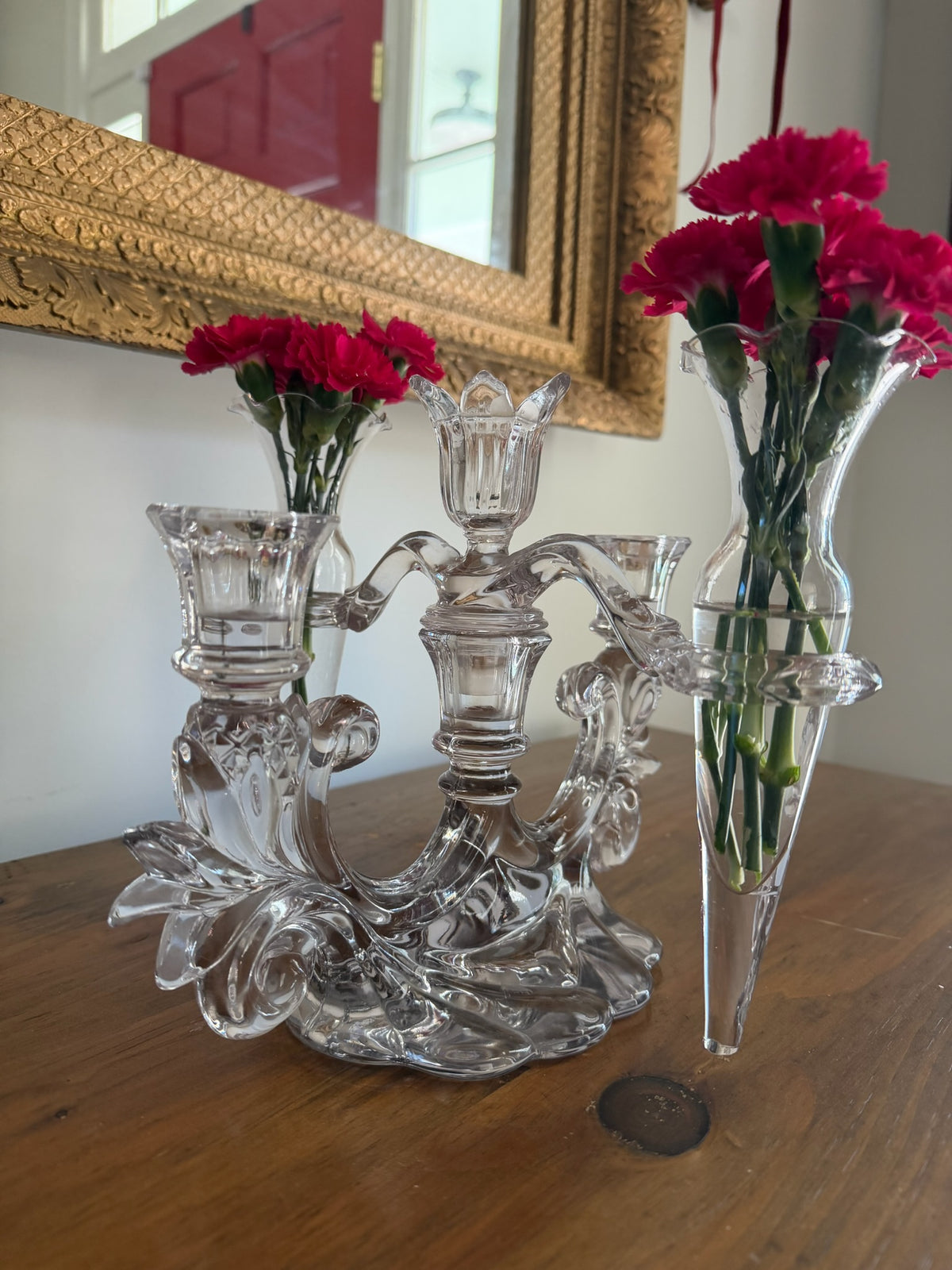 Vintage Cambridge Glass Caprice 3-Light Candelabra Epergne Centerpiece with 2 Bud Vase Inserts