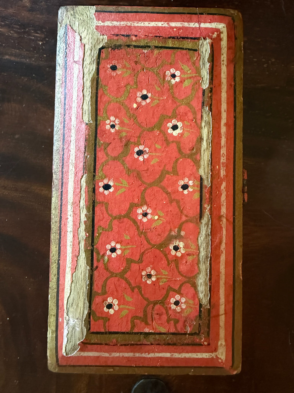 Vintage Hand-Painted Wooden Trinket Box with Aged Craquelure Interior