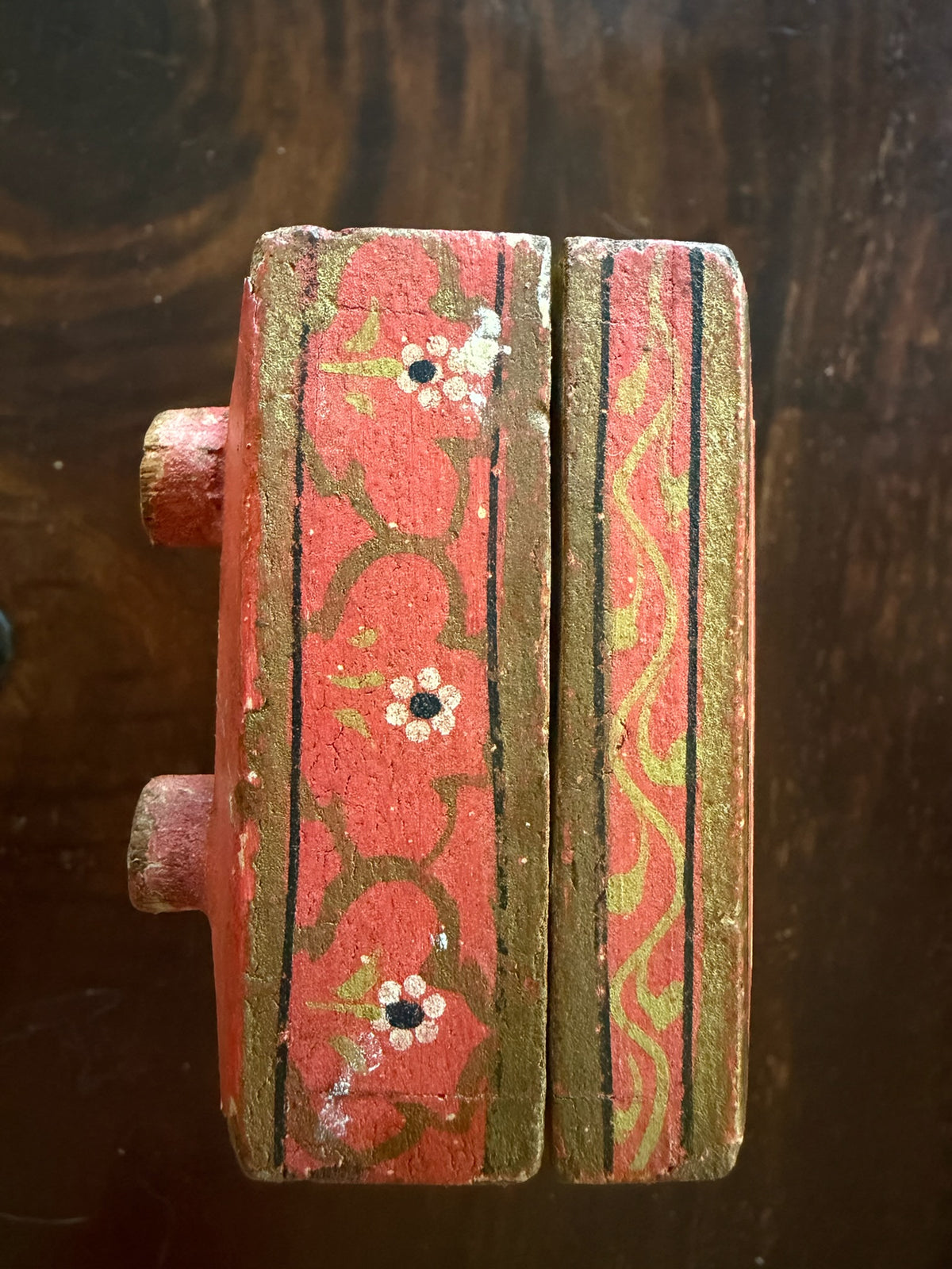 Vintage Hand-Painted Wooden Trinket Box with Aged Craquelure Interior