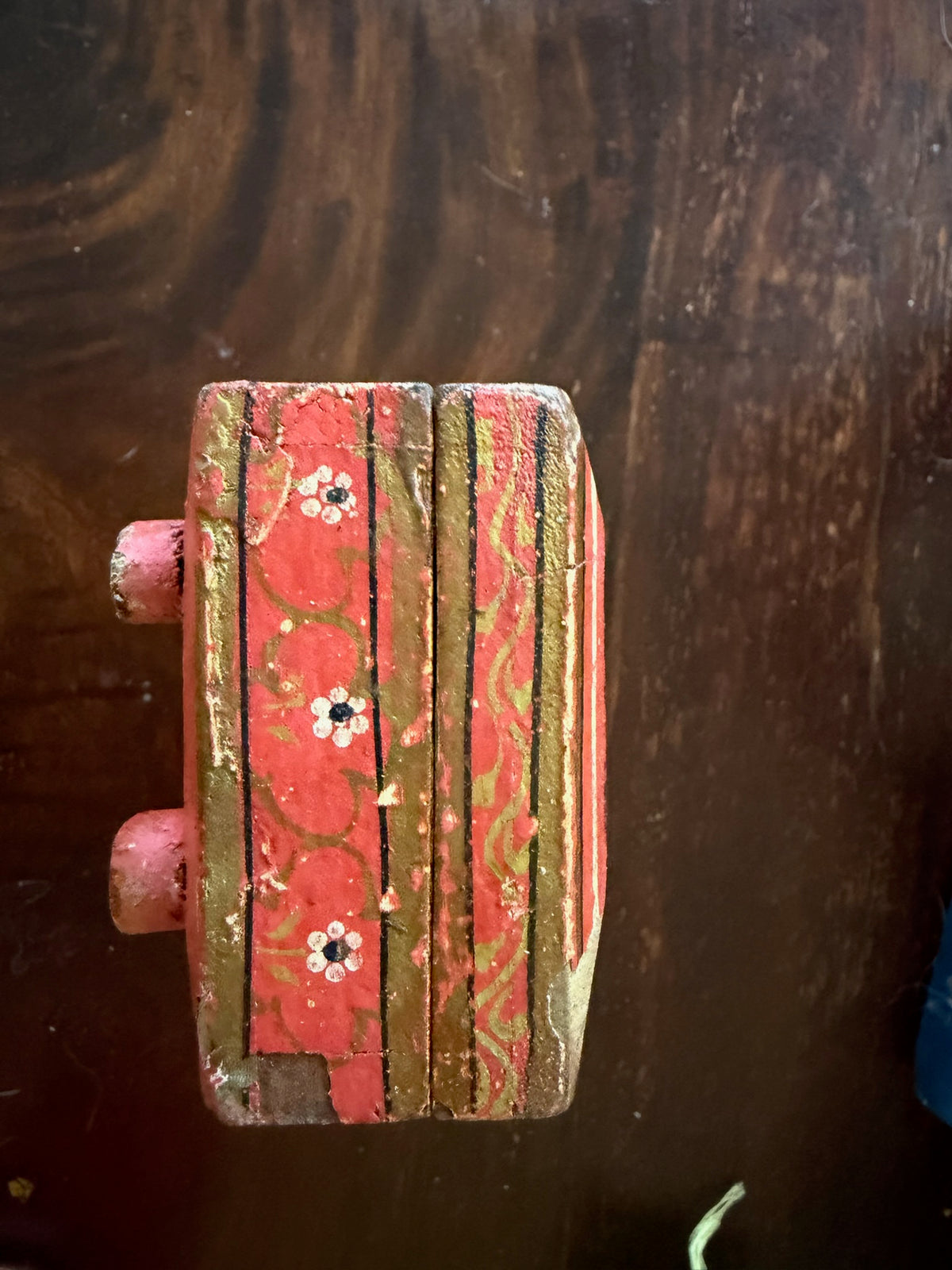 Vintage Hand-Painted Wooden Trinket Box with Aged Craquelure Interior