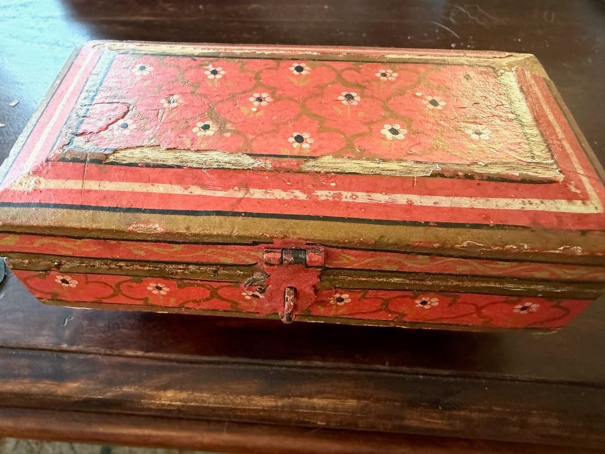 Vintage Hand-Painted Wooden Trinket Box with Aged Craquelure Interior