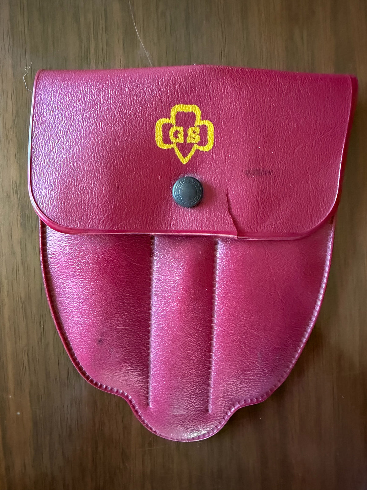 Vintage Girl Scouts 1960s Trefoil Pin and Red Vinyl Belt Pouch Camping Utensil Set