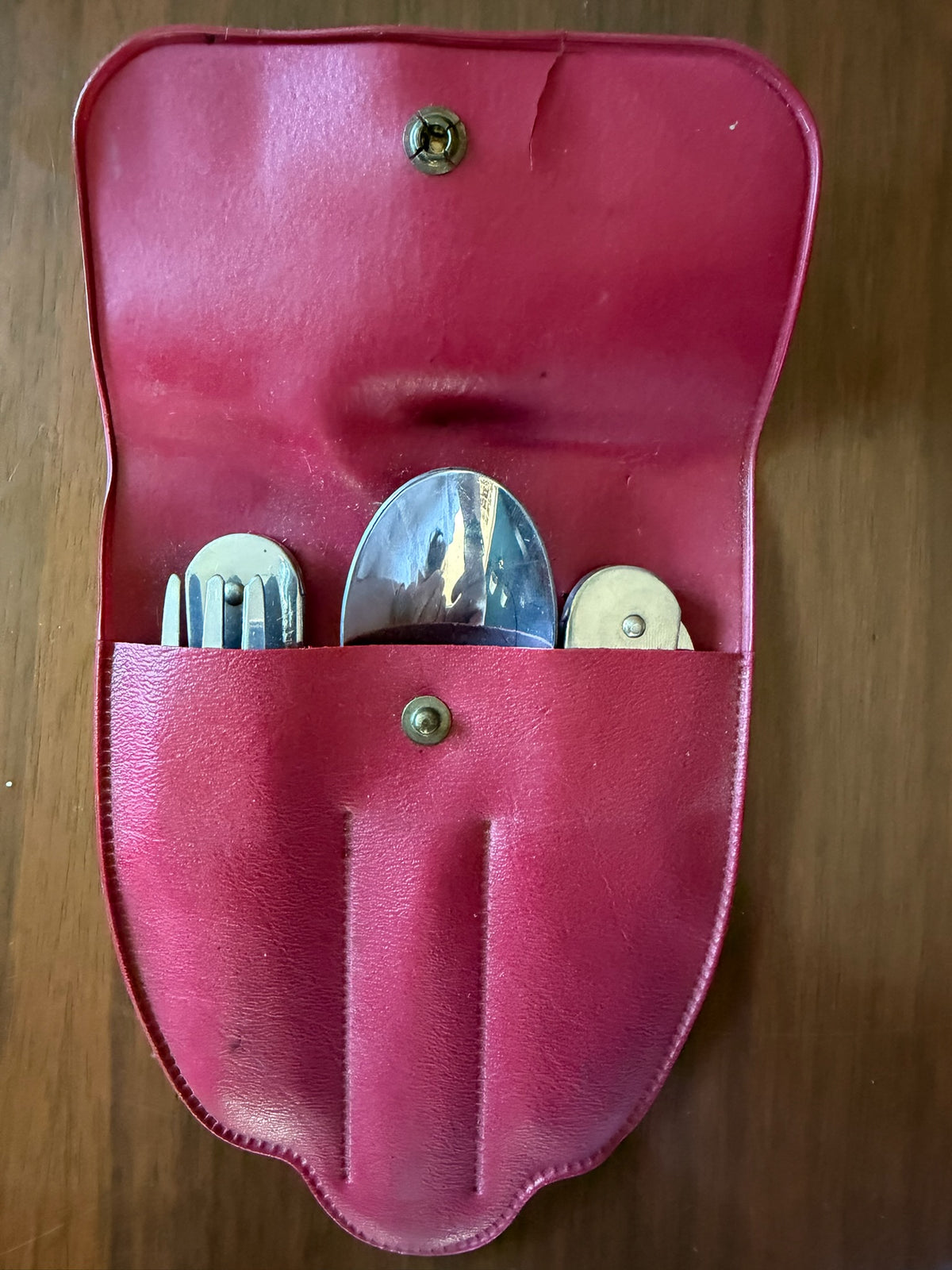 Vintage Girl Scouts 1960s Trefoil Pin and Red Vinyl Belt Pouch Camping Utensil Set