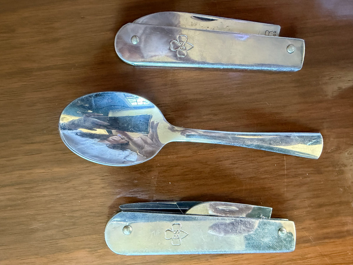 Vintage Girl Scouts 1960s Trefoil Pin and Red Vinyl Belt Pouch Camping Utensil Set