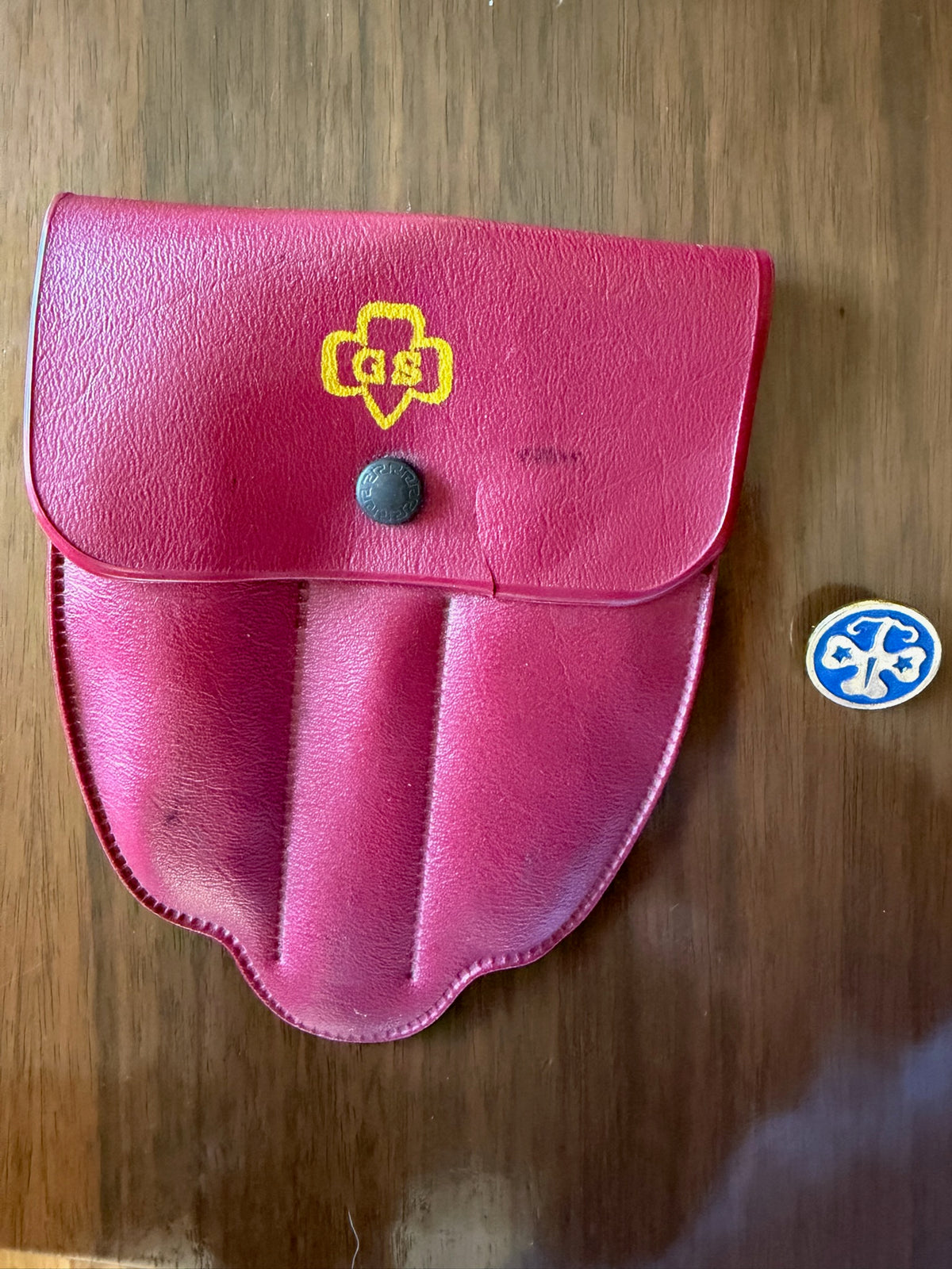 Vintage Girl Scouts 1960s Trefoil Pin and Red Vinyl Belt Pouch Camping Utensil Set