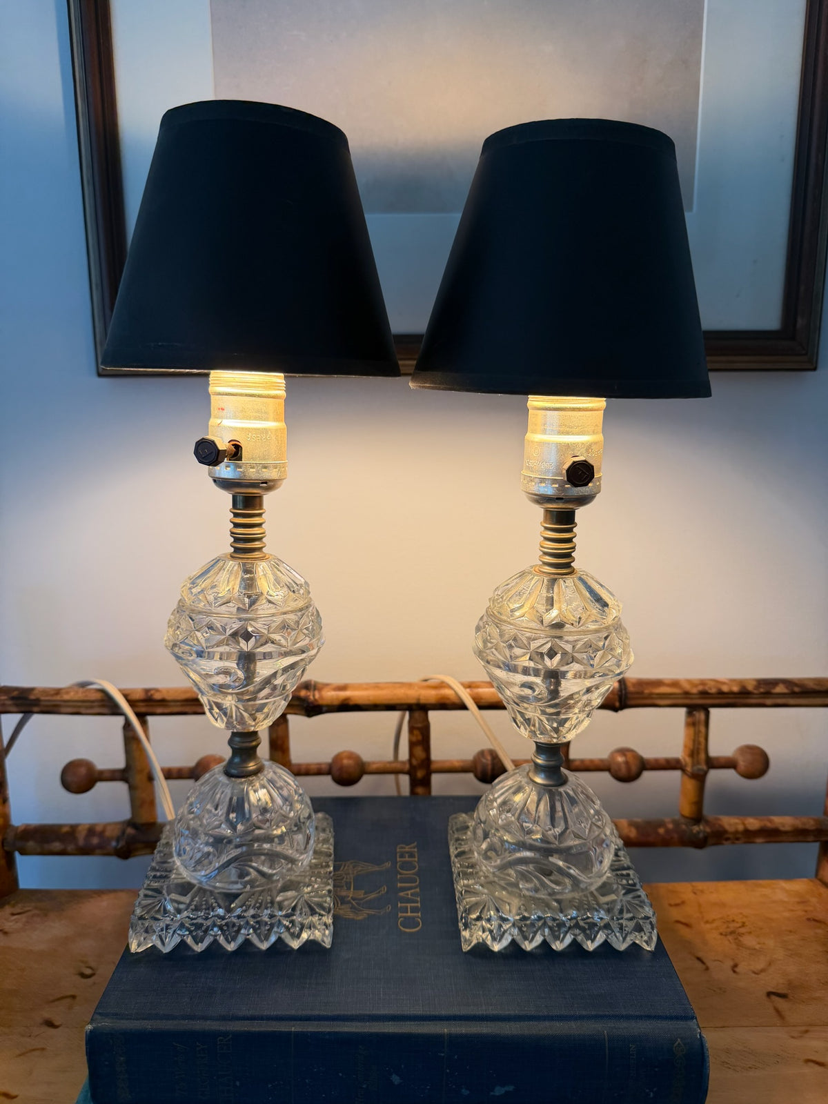 Vintage Cut Glass & Brass Boudoir Accent Lamps with Black/Gold Shades - Set of 2
