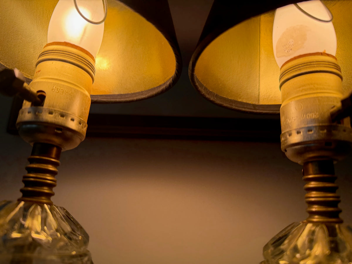 Vintage Cut Glass & Brass Boudoir Accent Lamps with Black/Gold Shades - Set of 2