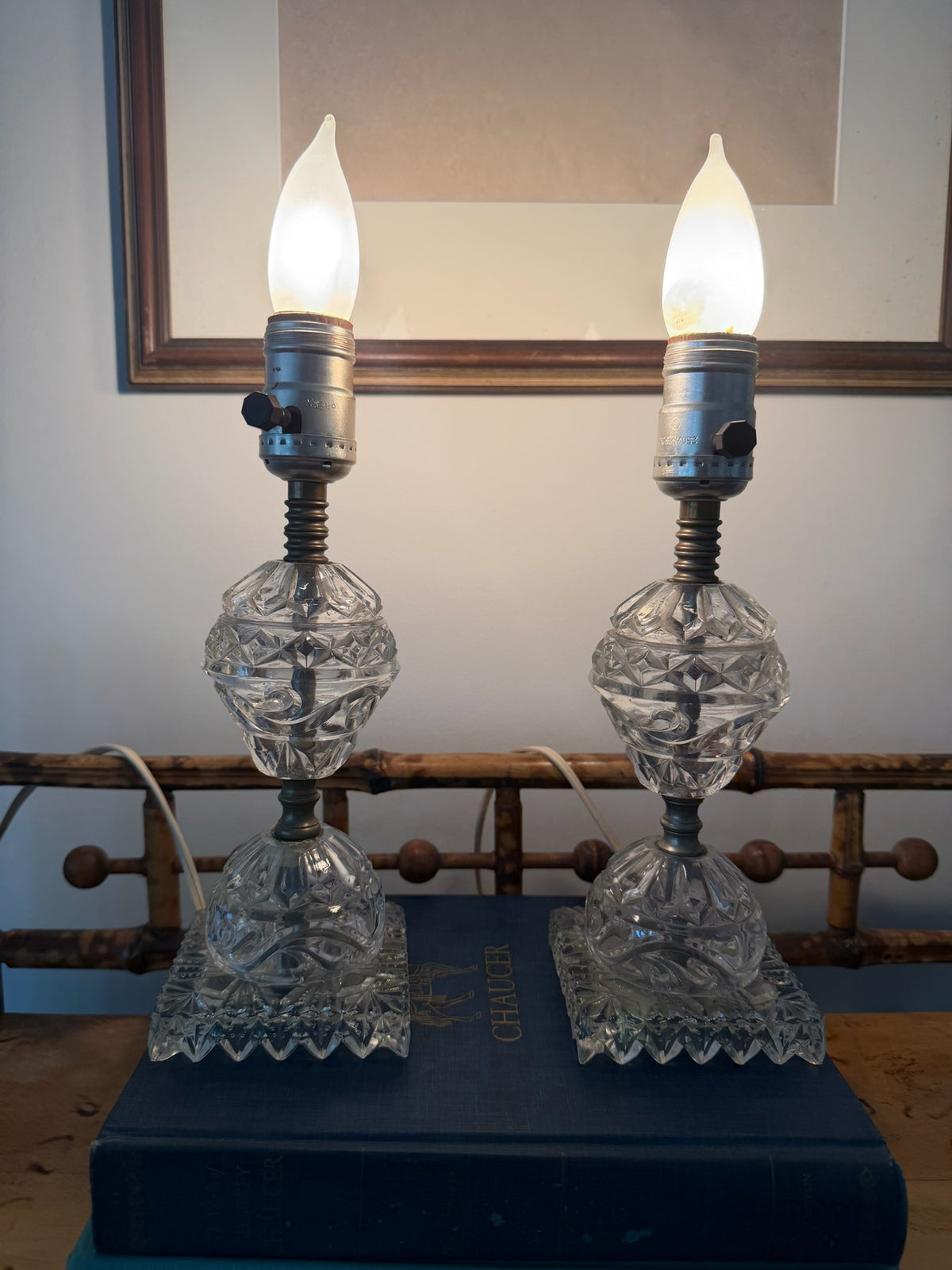 Vintage Cut Glass & Brass Boudoir Accent Lamps with Black/Gold Shades - Set of 2