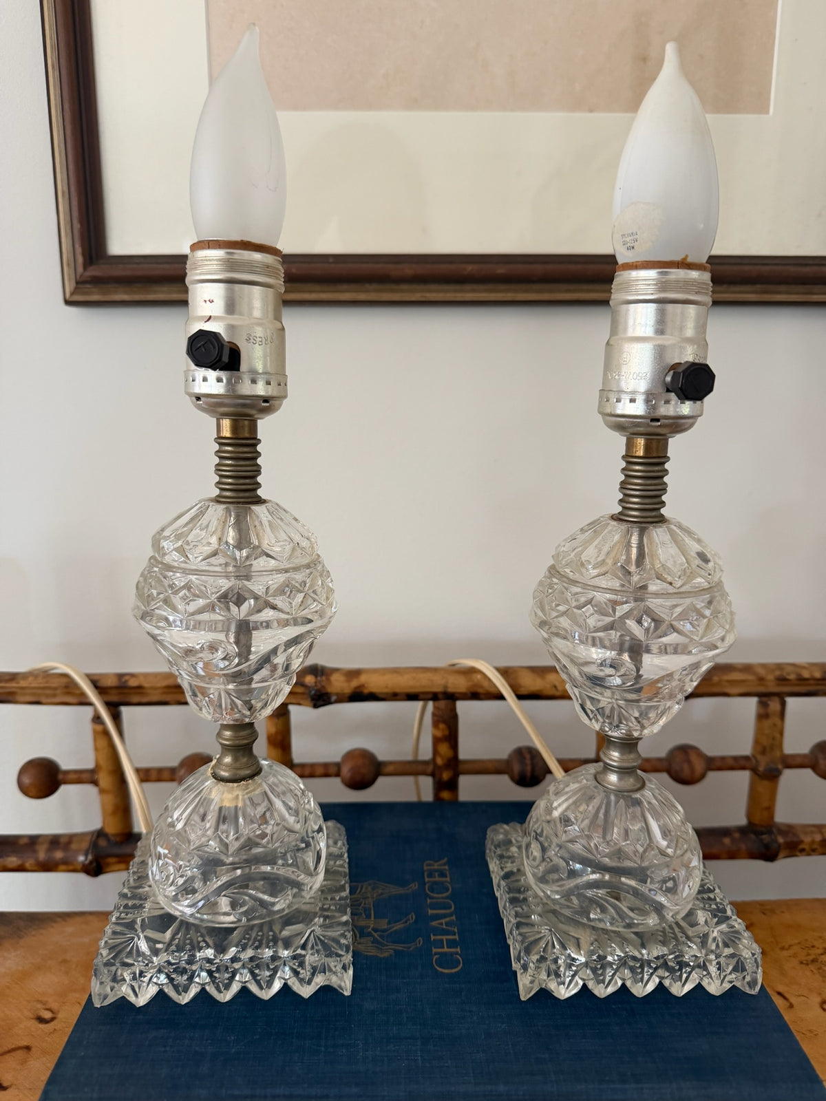 Vintage Cut Glass & Brass Boudoir Accent Lamps with Black/Gold Shades - Set of 2
