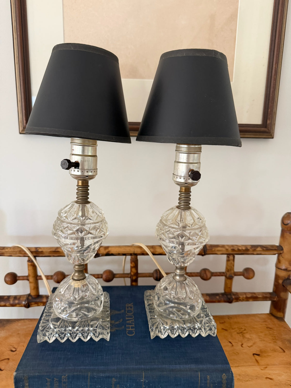 Vintage Cut Glass & Brass Boudoir Accent Lamps with Black/Gold Shades - Set of 2