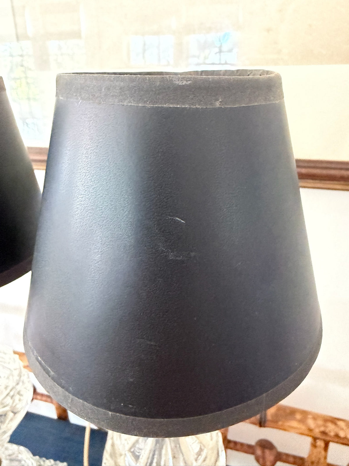 Vintage Cut Glass & Brass Boudoir Accent Lamps with Black/Gold Shades - Set of 2