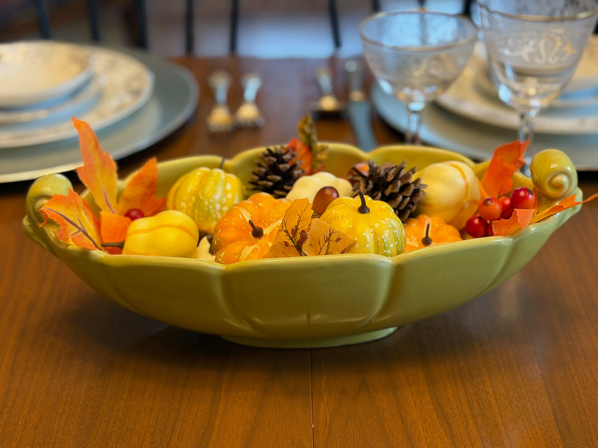 Vintage Abingdon Art Pottery Chartreuse Green Scalloped Console Bowl | Mid-Century Modern #532 Centerpiece Planter with Scroll Handles (Circa 1940s/1950s)
