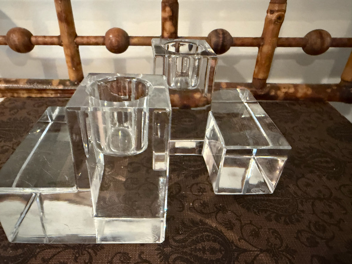 Rare Pair of Authentic Vintage Baccarat France "Cubist" L-Shaped Lead Crystal Candleholders / Bookends