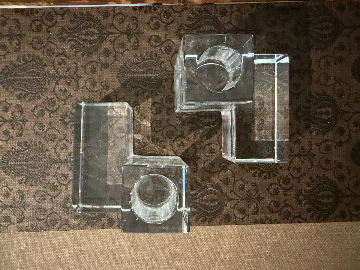Rare Pair of Authentic Vintage Baccarat France "Cubist" L-Shaped Lead Crystal Candleholders / Bookends