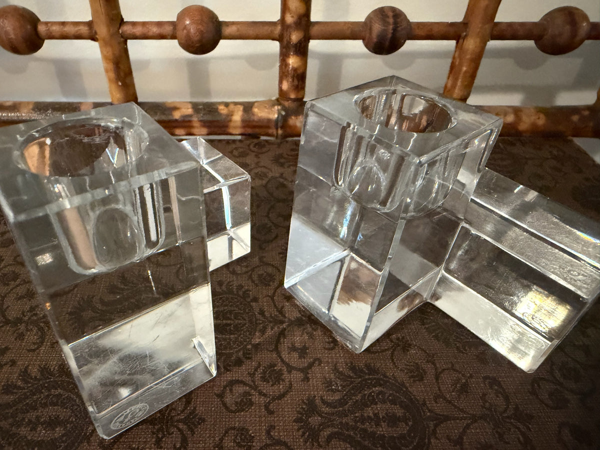 Rare Pair of Authentic Vintage Baccarat France "Cubist" L-Shaped Lead Crystal Candleholders / Bookends