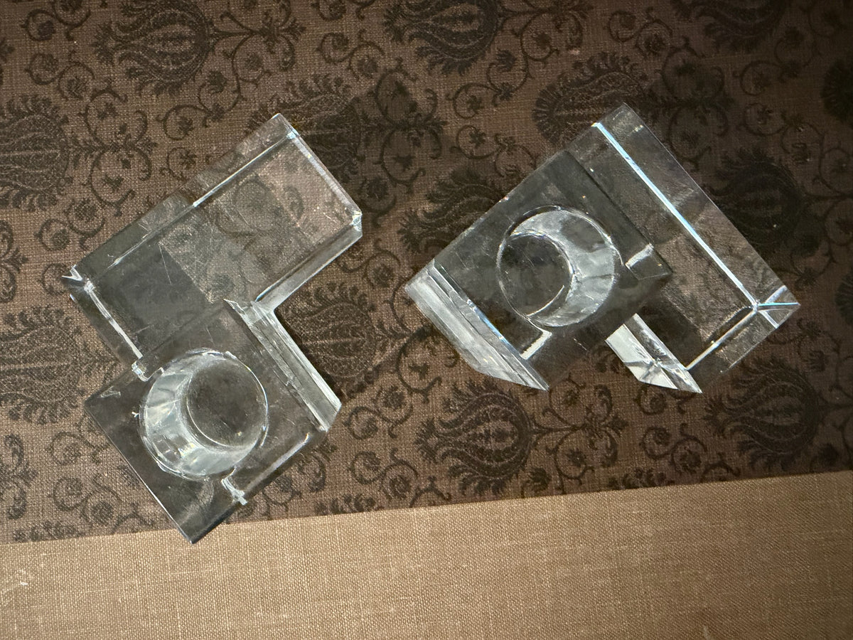 Rare Pair of Authentic Vintage Baccarat France "Cubist" L-Shaped Lead Crystal Candleholders / Bookends