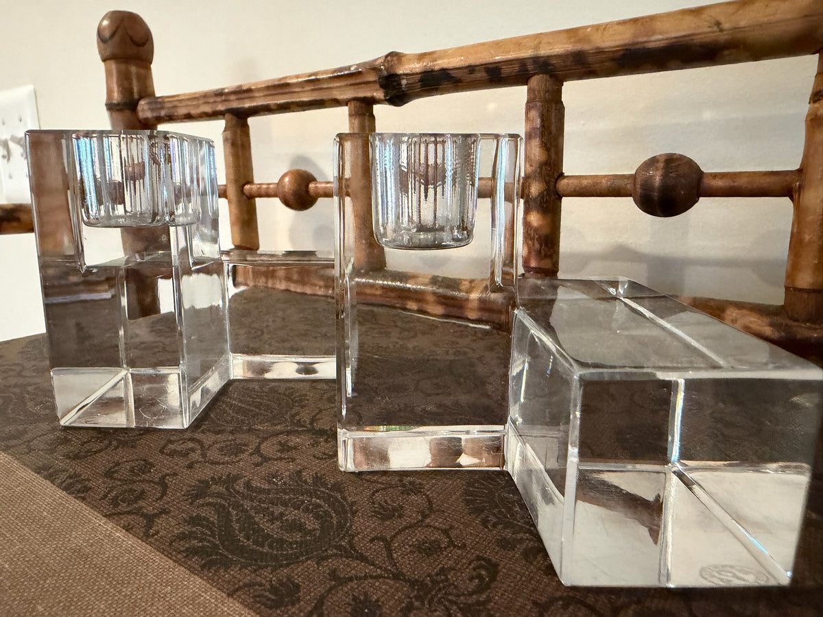 Rare Pair of Authentic Vintage Baccarat France "Cubist" L-Shaped Lead Crystal Candleholders / Bookends
