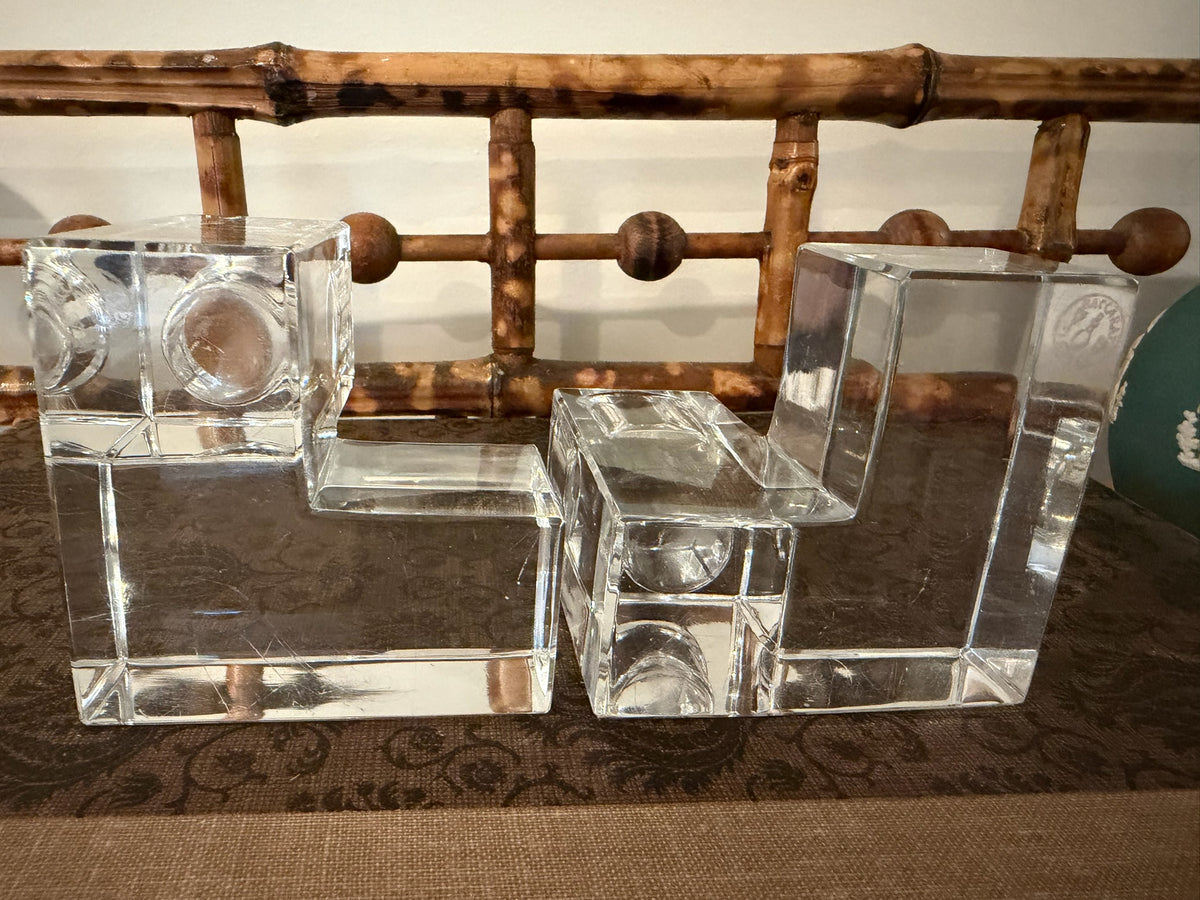 Rare Pair of Authentic Vintage Baccarat France "Cubist" L-Shaped Lead Crystal Candleholders / Bookends