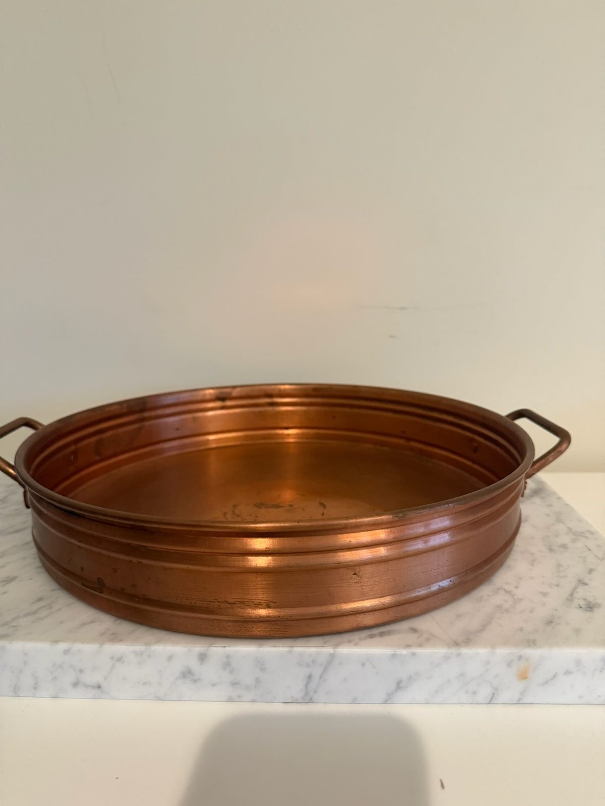 Vintage Round Copper Serving Tray with Handles | Mid-Century Ribbed Metal Basin Catchall Platters | Made in Turkey Possibly 1970s