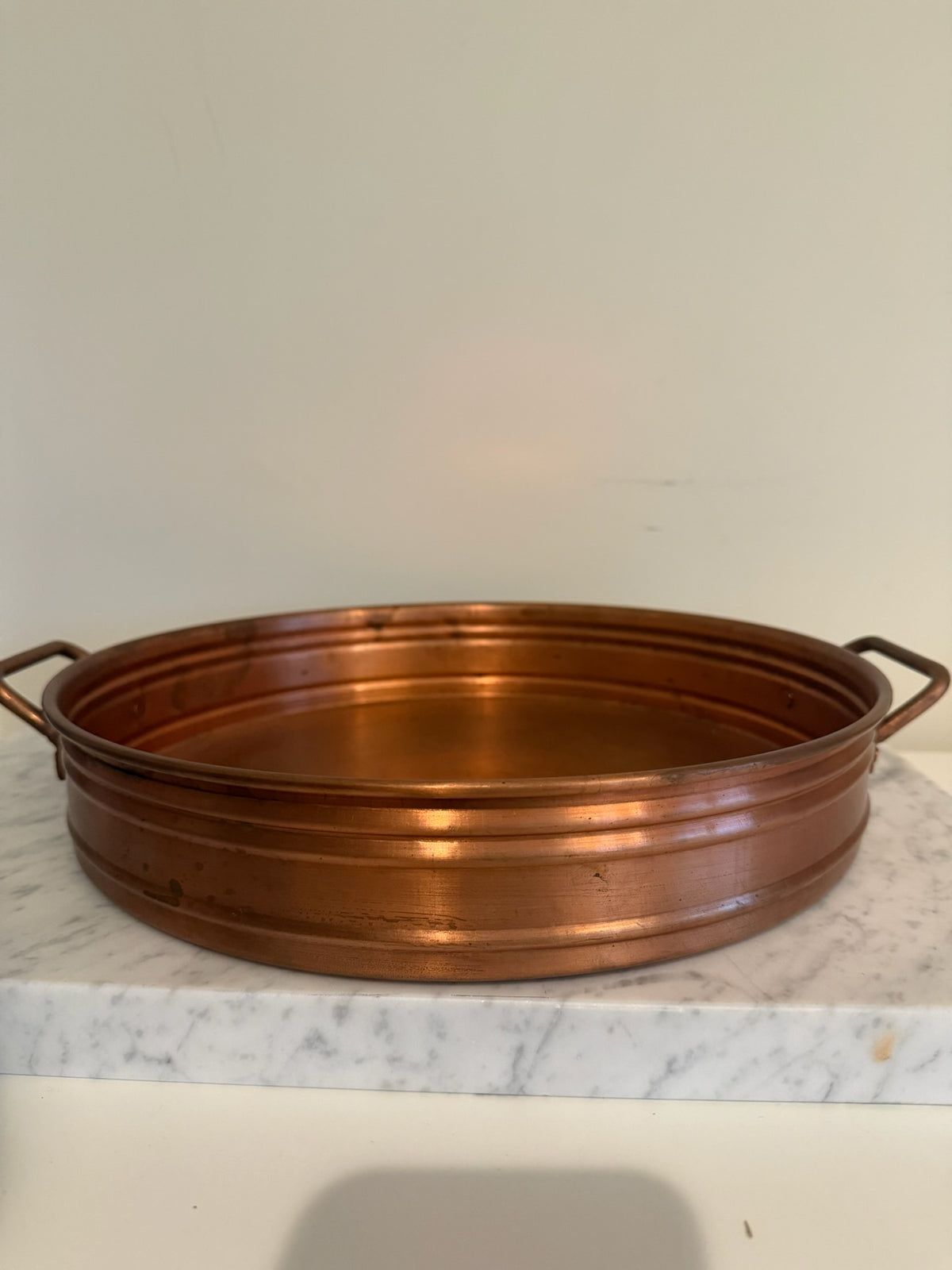 Vintage Round Copper Serving Tray with Handles | Mid-Century Ribbed Metal Basin Catchall Platters | Made in Turkey Possibly 1970s
