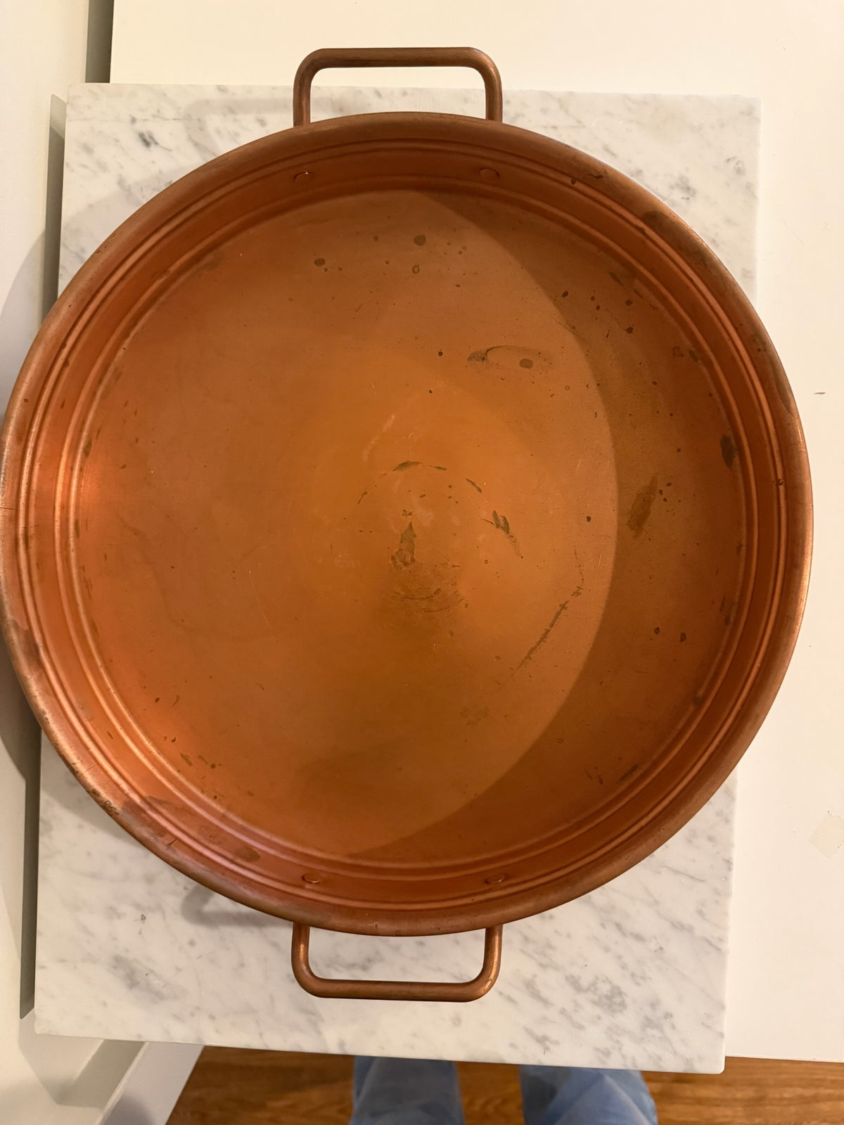 Vintage Round Copper Serving Tray with Handles | Mid-Century Ribbed Metal Basin Catchall Platters | Made in Turkey Possibly 1970s