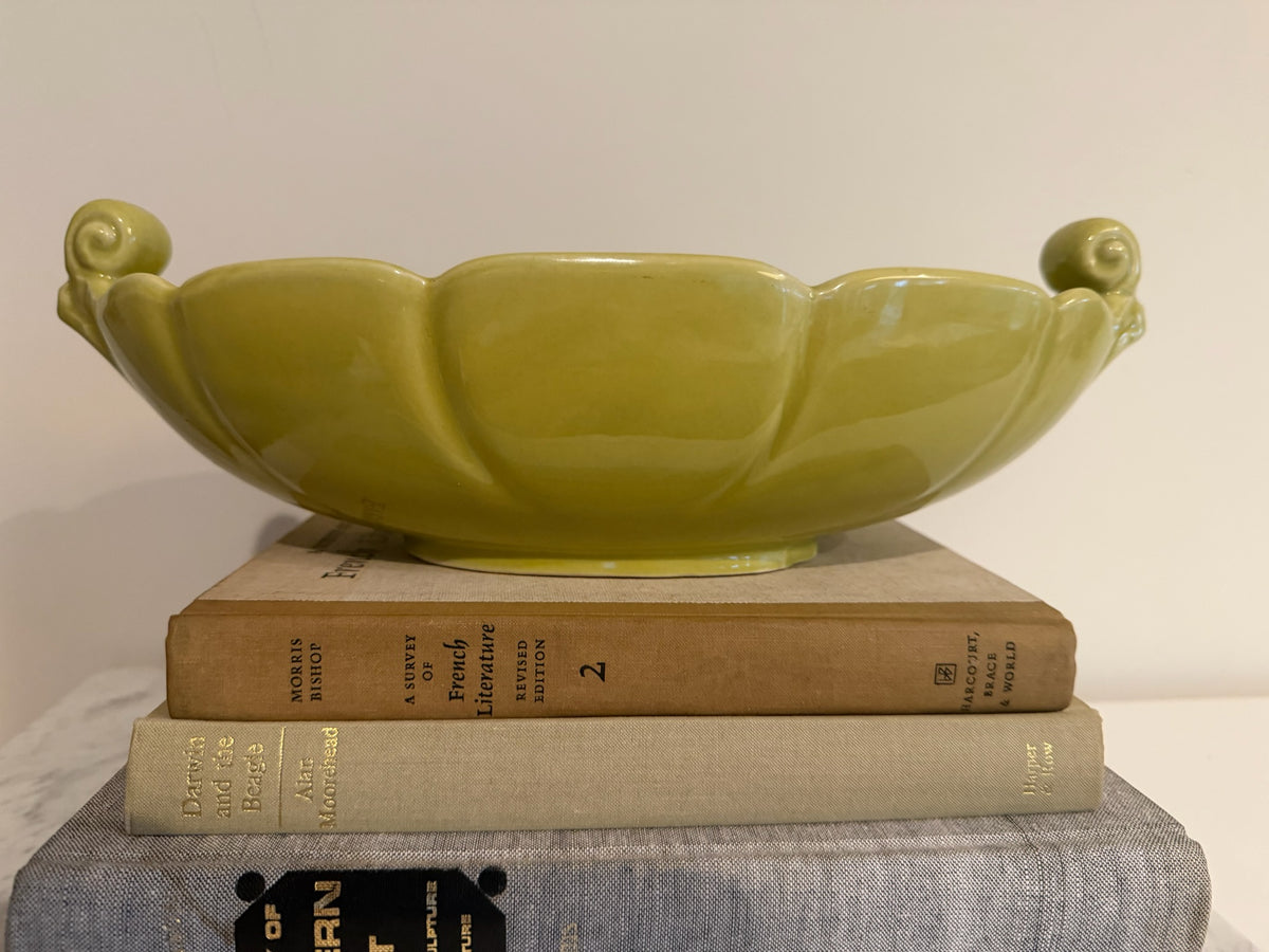 Vintage Abingdon Art Pottery Chartreuse Green Scalloped Console Bowl | Mid-Century Modern #532 Centerpiece Planter with Scroll Handles (Circa 1940s/1950s)