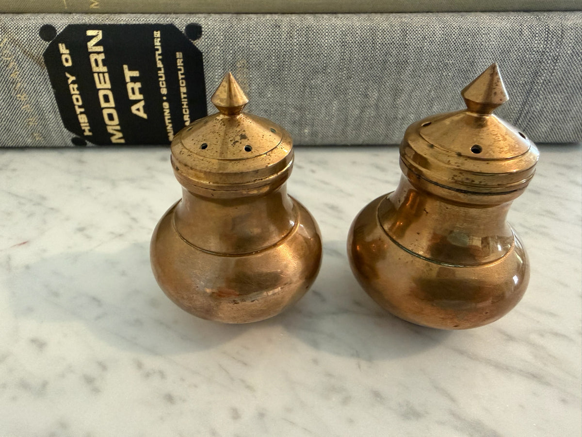 Vintage Thailand Copper & Brass Salt and Pepper Shakers Set with Matching Serving Tray – 3-Piece Set