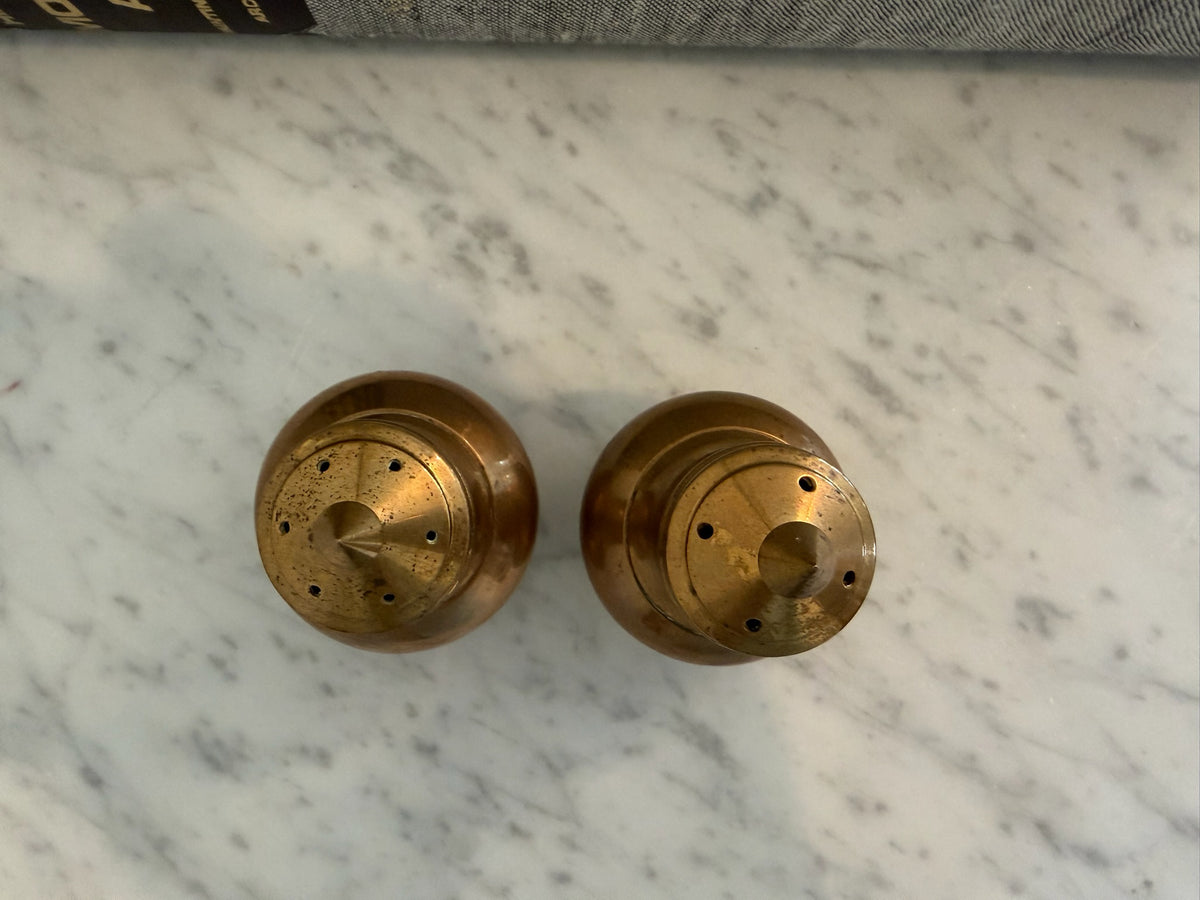 Vintage Thailand Copper & Brass Salt and Pepper Shakers Set with Matching Serving Tray – 3-Piece Set