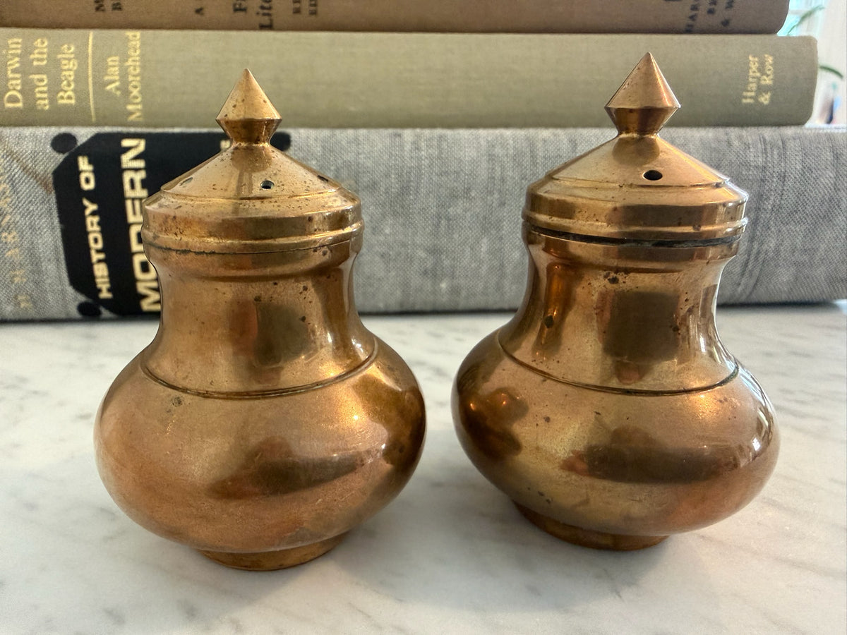 Vintage Thailand Copper & Brass Salt and Pepper Shakers Set with Matching Serving Tray – 3-Piece Set