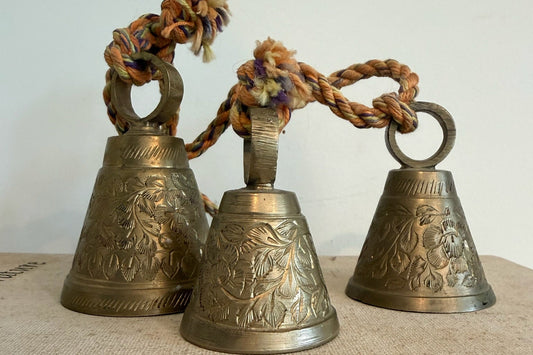 Vintage Graduated Bells of Sarna India Brass Hanging Bells on Rope - Set of 3 Graduated Etched Sugar Cane Bells, Mid-Century Boho Decor