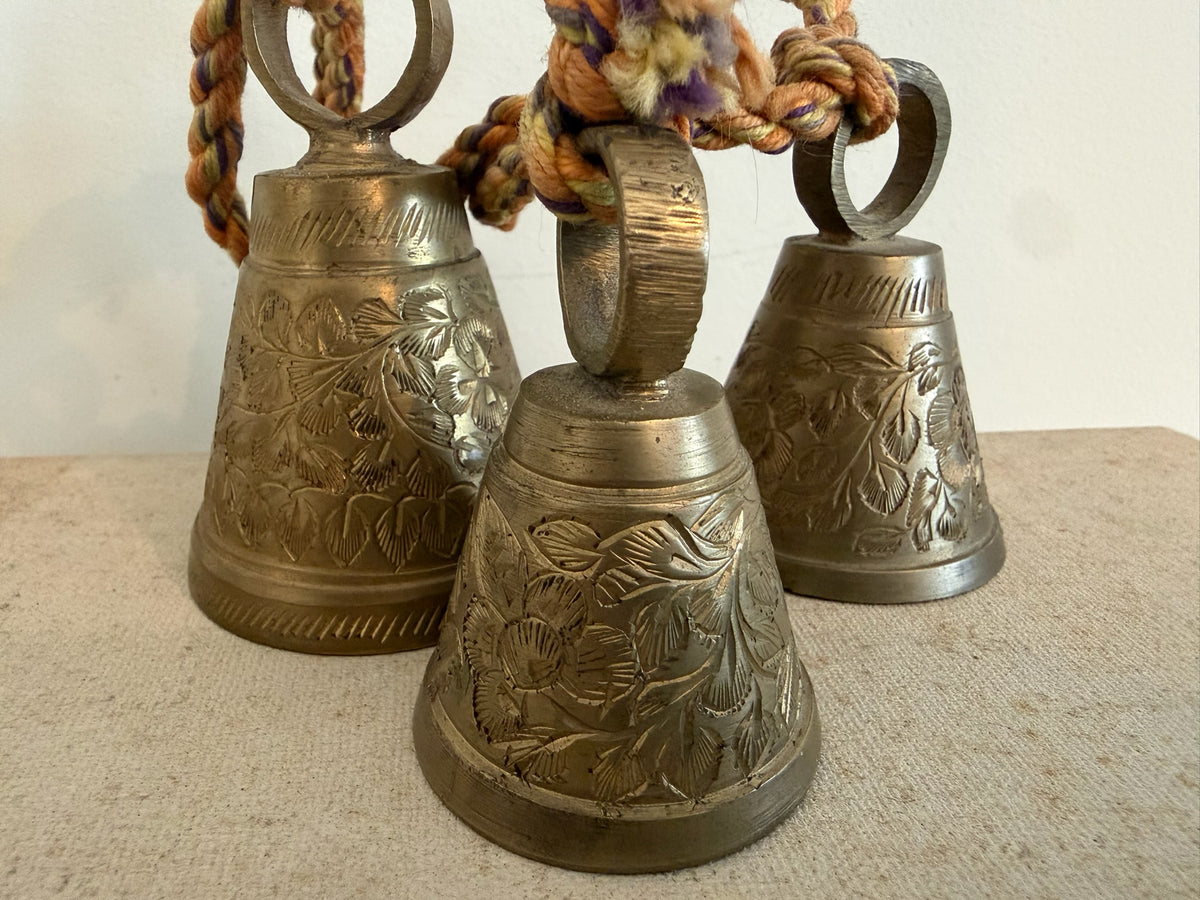 Vintage Graduated Bells of Sarna India Brass Hanging Bells on Rope - Set of 3 Graduated Etched Sugar Cane Bells, Mid-Century Boho Decor