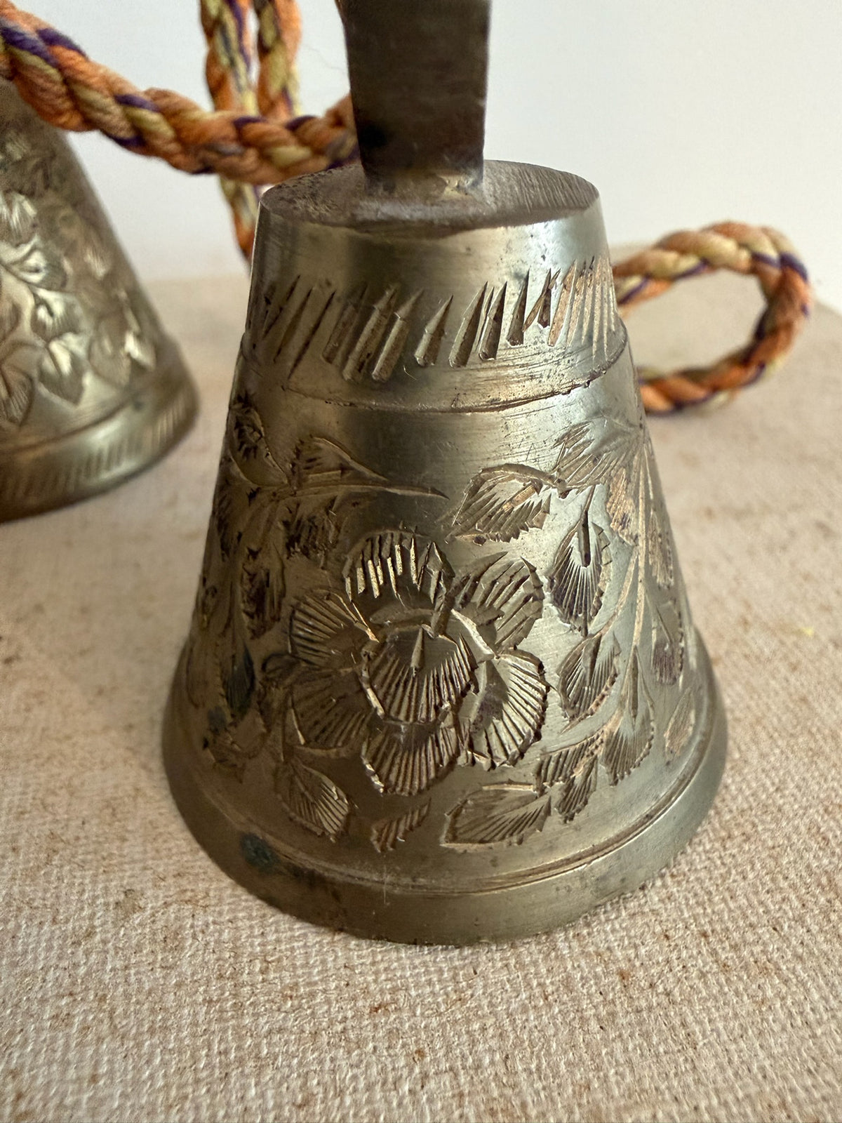 Vintage Graduated Bells of Sarna India Brass Hanging Bells on Rope - Set of 3 Graduated Etched Sugar Cane Bells, Mid-Century Boho Decor
