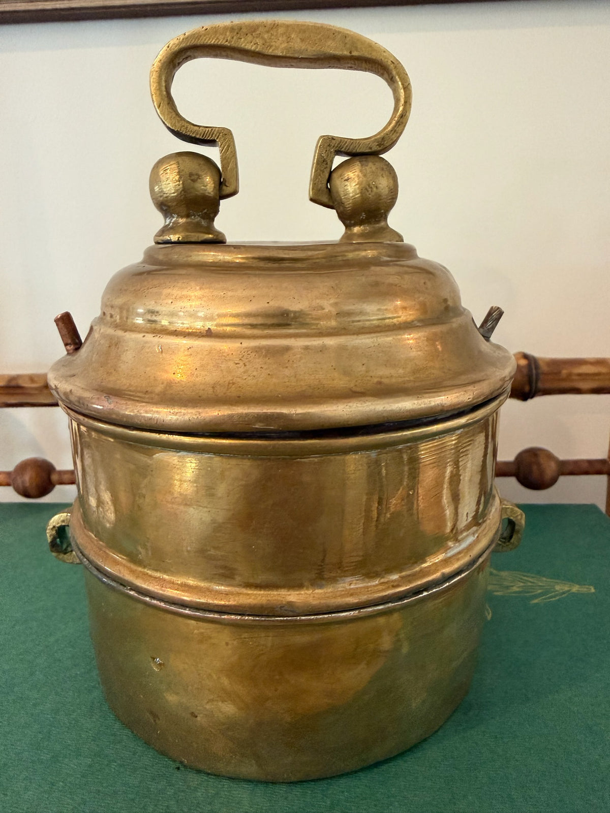 Vintage Indian Handcrafted Solid Brass 2-Tier Tiffin Box – Rustic Shelf & Kitchen Display Piece