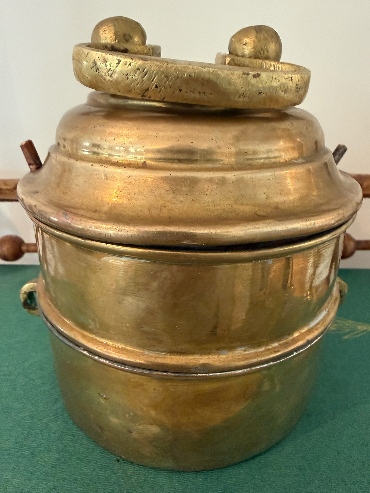 Vintage Indian Handcrafted Solid Brass 2-Tier Tiffin Box – Rustic Shelf & Kitchen Display Piece